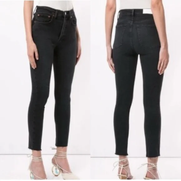 Re/Done Originals High Rise Ankle Crop Jeans: Faded Black Wash